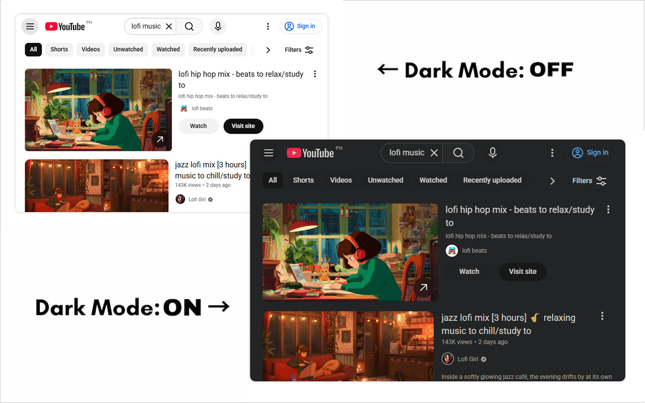 Comparison of dark mode and light mode interfaces